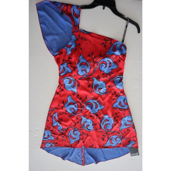 Versace Jeans Couture Sz 6 Red/Blue One Shoulder Envers Satin Print Dress - Picture 7 of 11